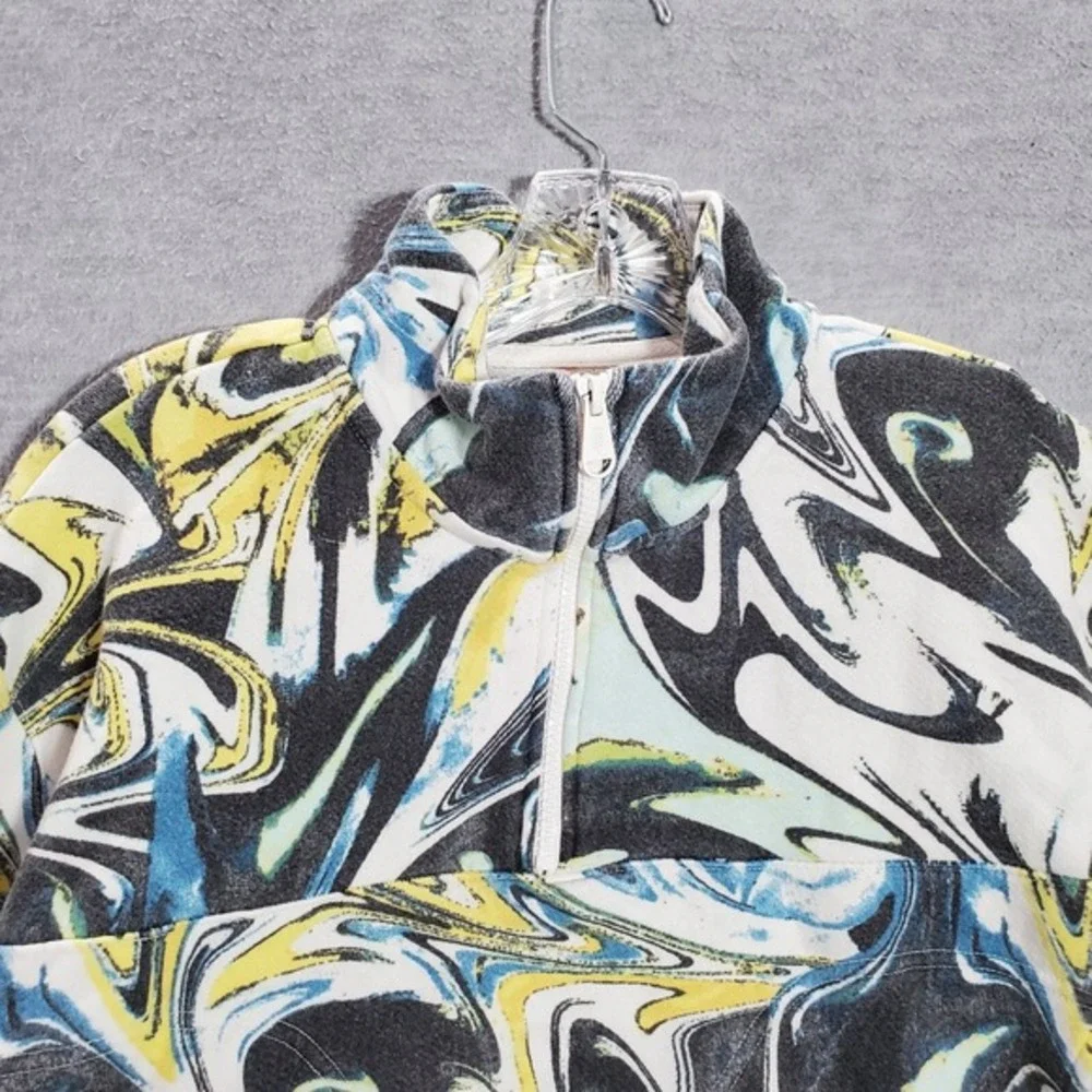 Free People Women Sweatshirt Small White Terry‎ Crop Whirlwind Printed 1/4 Zip